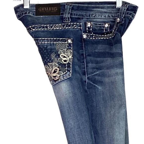 Shyanne Straight Jeans 26 Blue Low Rise Stretch Rhinestone Embroidery Hemmed - Picture 4 of 9